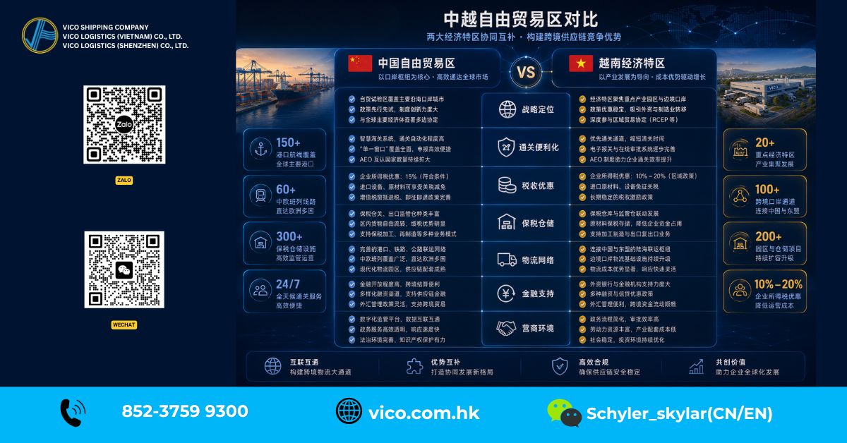 中国自贸区侧重贸易便利化、全球互联互通；越南出口加工区聚焦生产制造、成品外销